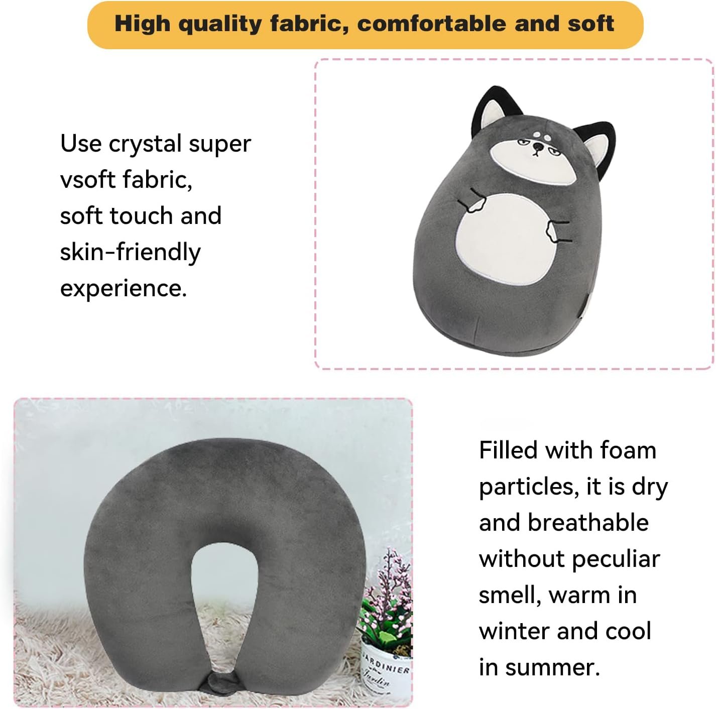 Kids Travel Pillow - 2-in-1 Deformable Kids Neck Pillow for Traveling, Soft U-Shaped Pillow with Adorable Animal Design, Comfy Sleep and Play, Ideal for Airplanes and Cars - Gray Husky |