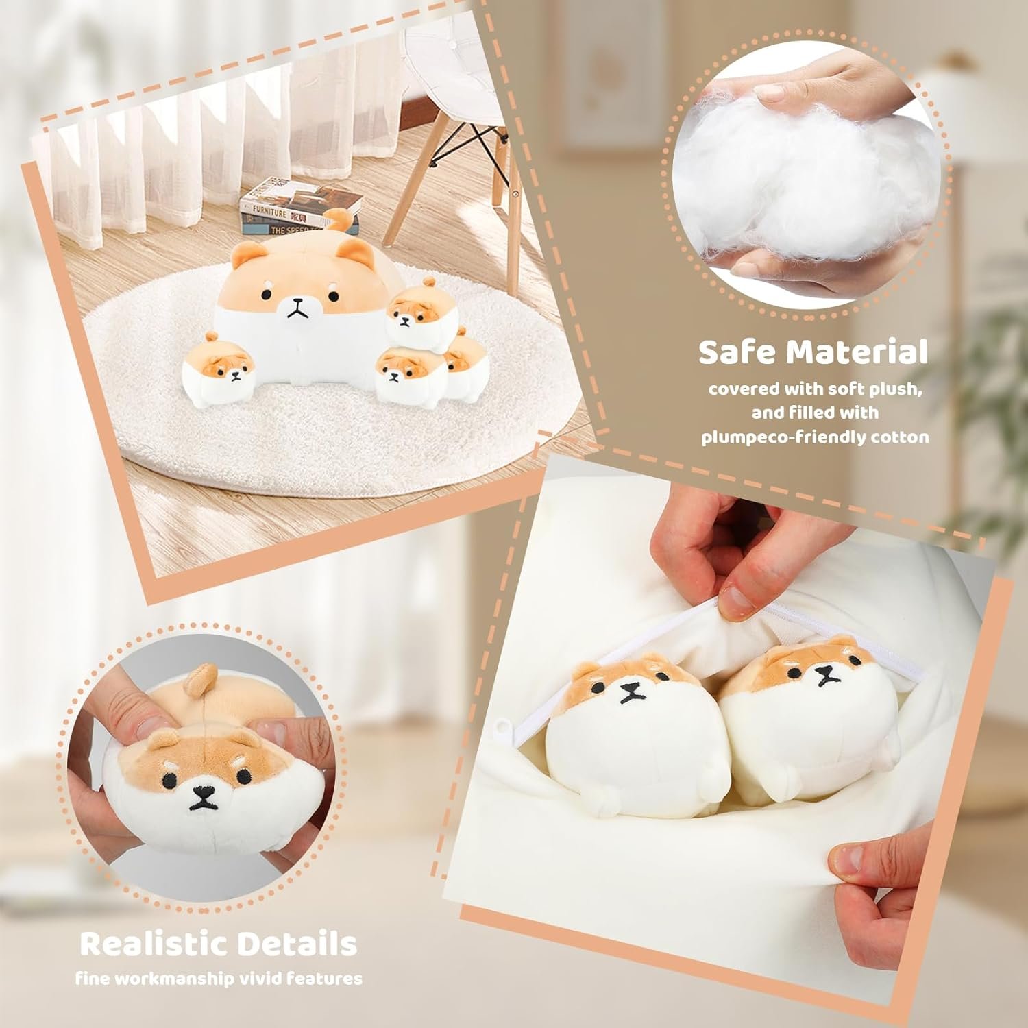 Shiba Inu Plush Pillow 16 Inch with 4 Babies in Mommy??s Belly, Super Soft Cartoon Dog Stuffed Animal Squishmallow Gift for Kid's Birthday |