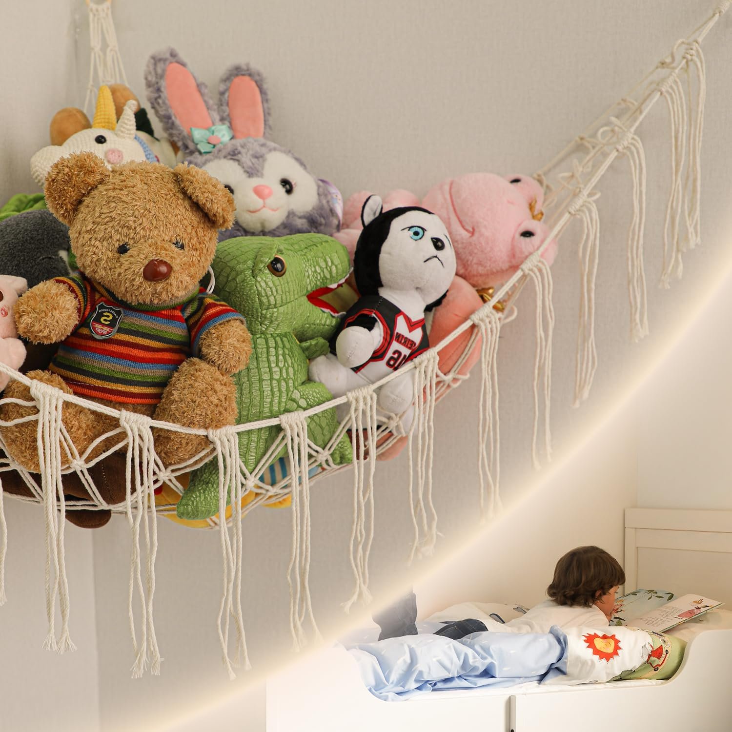 71rQ2GoJG5L._AC_SL1500 Stuffed Animals Net or Hammock Large,55 inch Toy Hammock Macrame Stuff Animal Storage Corner Hanging Net Holder,Mesh Hammock Plush Toy Organizer with Hooks for Bedroom,Nursery (White) |