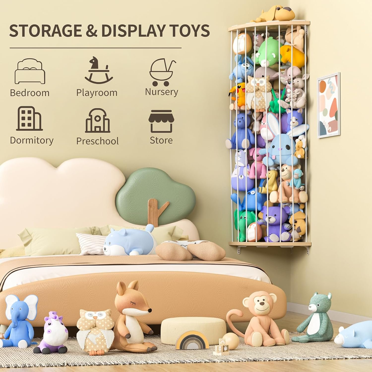 Stuffed Animal Storage Wood Corner Plush Toys Holder with Star Pattern, Length Adjustable Hanging Stuffed Animal Toy Organizer Shelf for Nursery Play Room Bedroom Kid Room |