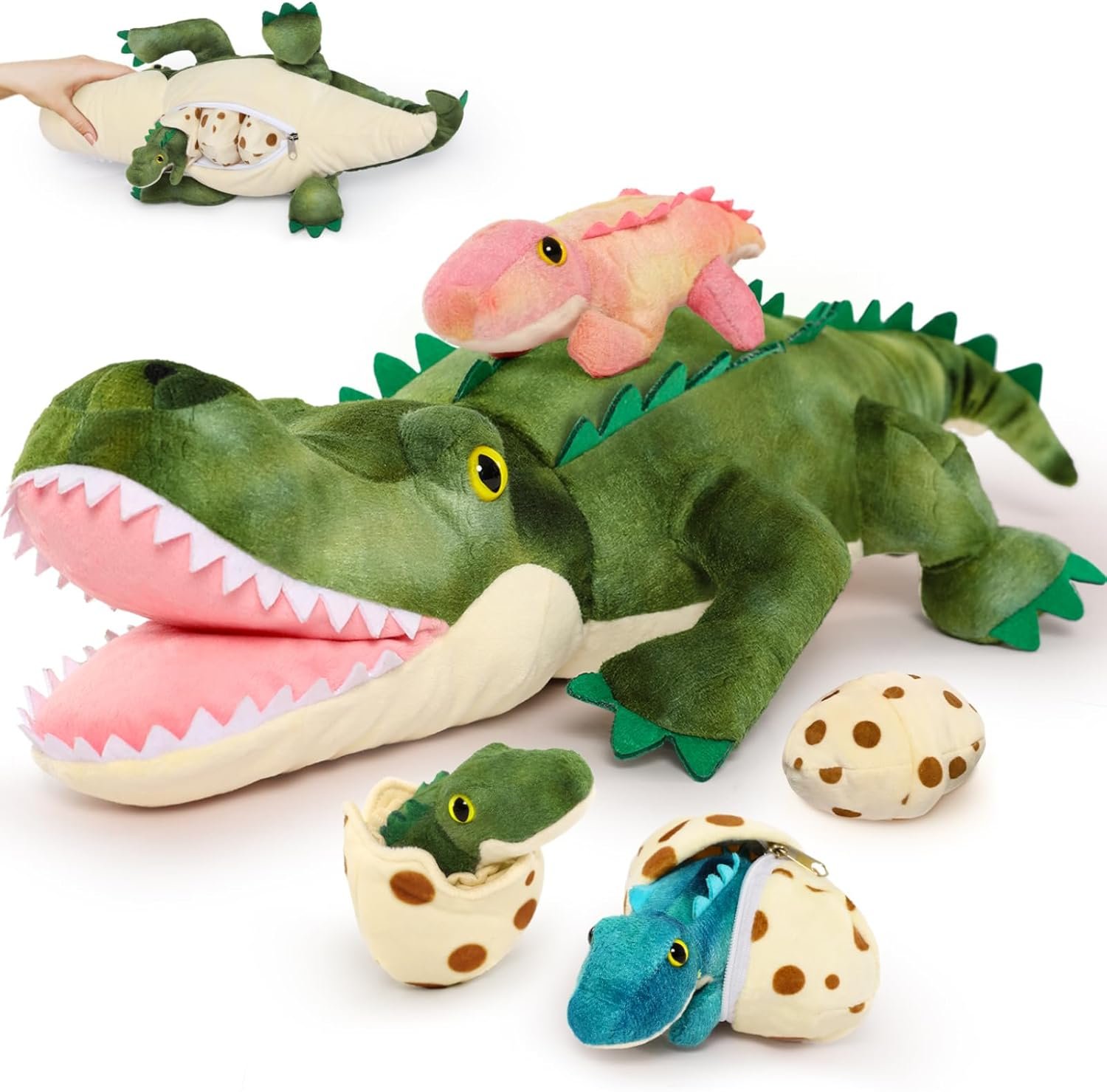 Dinosaur Stuffed Animal with Babies,23.6'' Big Mommy Stuffed Dinosaur with 3 Baby Dinosaur Stuffed Toys & 3 Eggs Plush Inside Belly, Boy Girl Dinosaur Toys for Kids 3-5, Pink T-rex Toy |