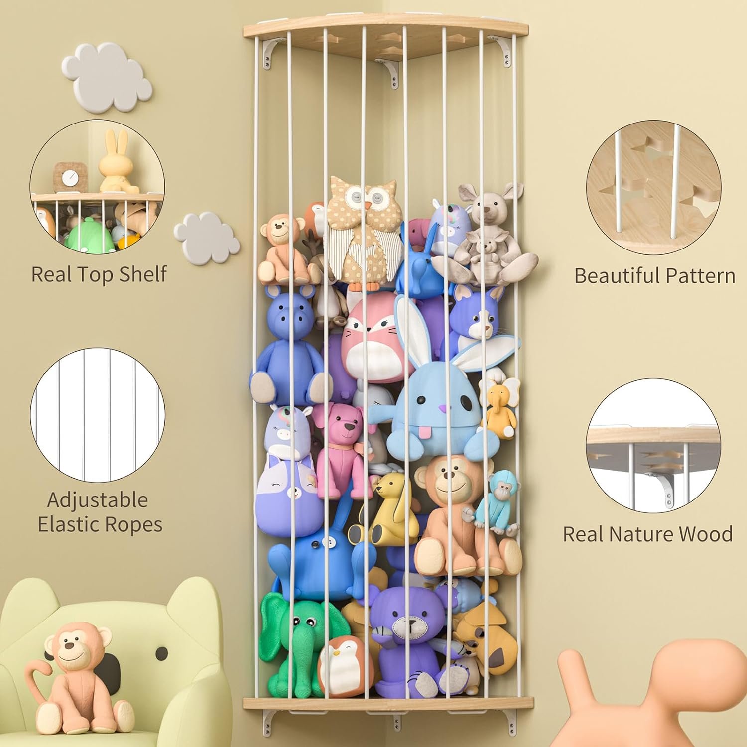 Stuffed Animal Storage Wood Corner Plush Toys Holder with Star Pattern, Length Adjustable Hanging Stuffed Animal Toy Organizer Shelf for Nursery Play Room Bedroom Kid Room |