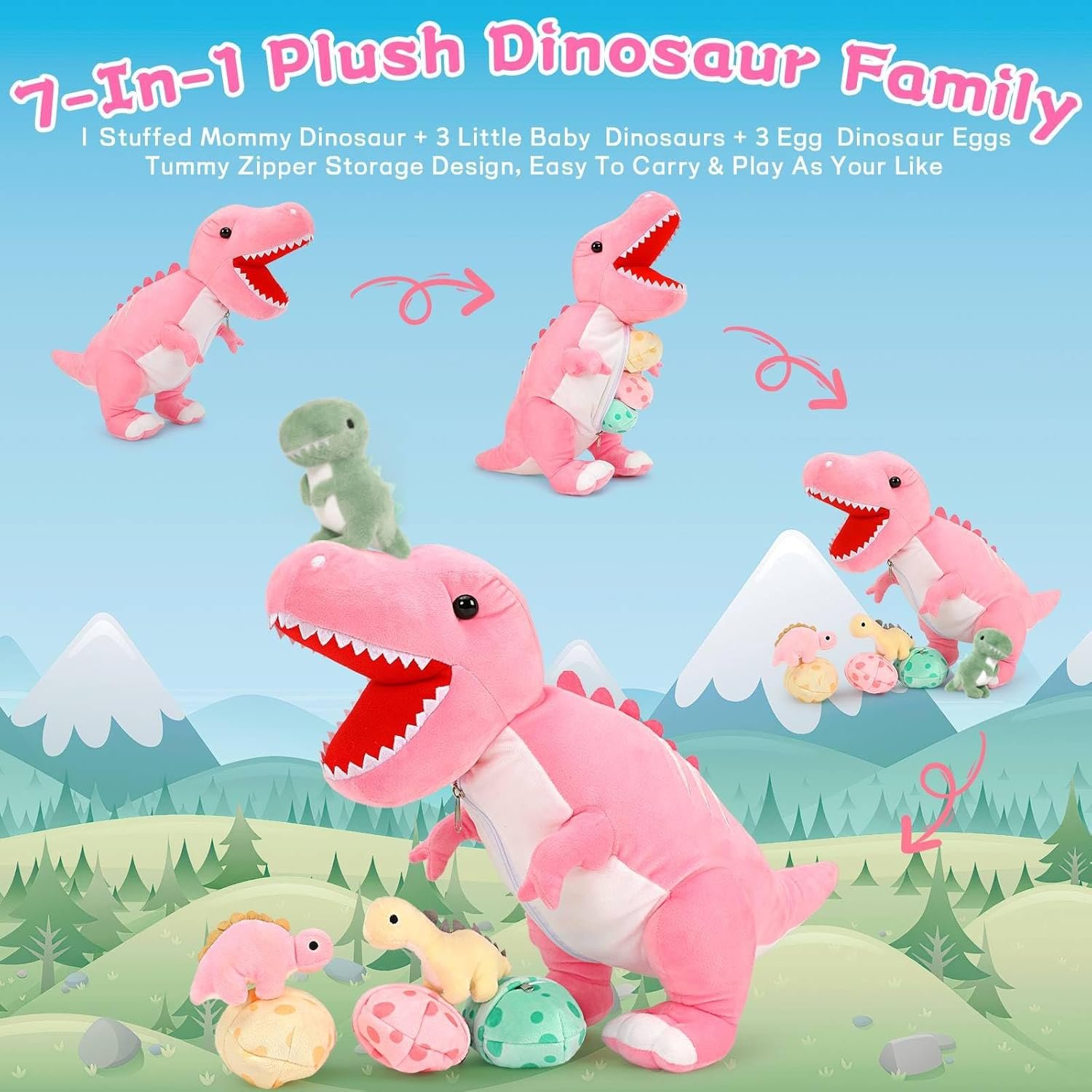 Dinosaur Stuffed Animal with Babies,23.6'' Big Mommy Stuffed Dinosaur with 3 Baby Dinosaur Stuffed Toys & 3 Eggs Plush Inside Belly, Boy Girl Dinosaur Toys for Kids 3-5, Pink T-rex Toy |