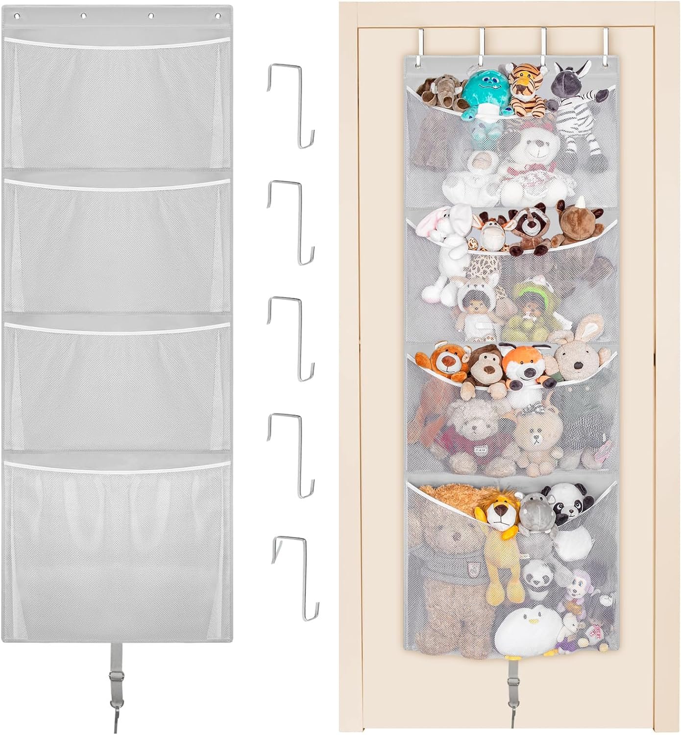 Hanging Stuffed Animal Storage, Over Door Large Plush Toy Organizer with Metal Hook, Baby Accessory Holder Idea for Nursery, Doll & Bear Mesh Hammock Bag for Girl Boy Kid Room |