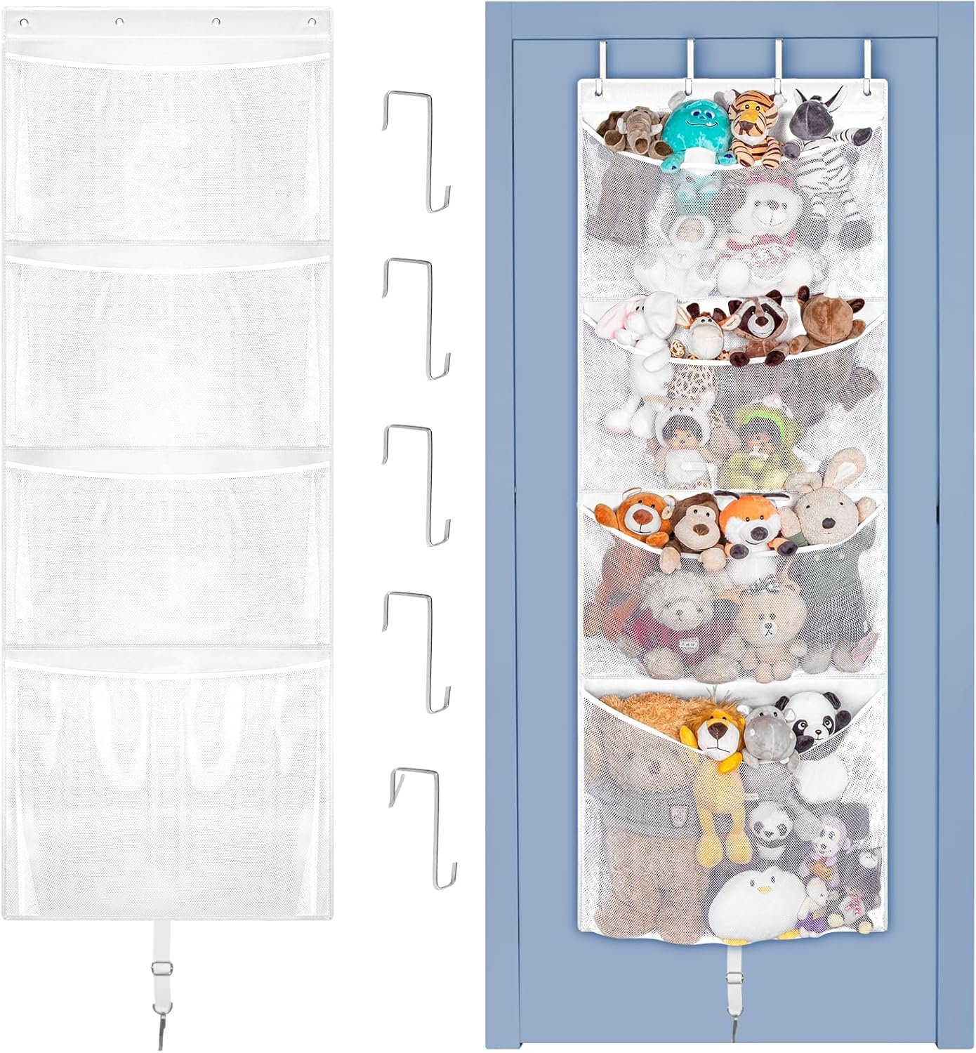 Hanging Stuffed Animal Storage, Over Door Large Plush Toy Organizer with Metal Hook, Baby Accessory Holder Idea for Nursery, Doll & Bear Mesh Hammock Bag for Girl Boy Kid Room |