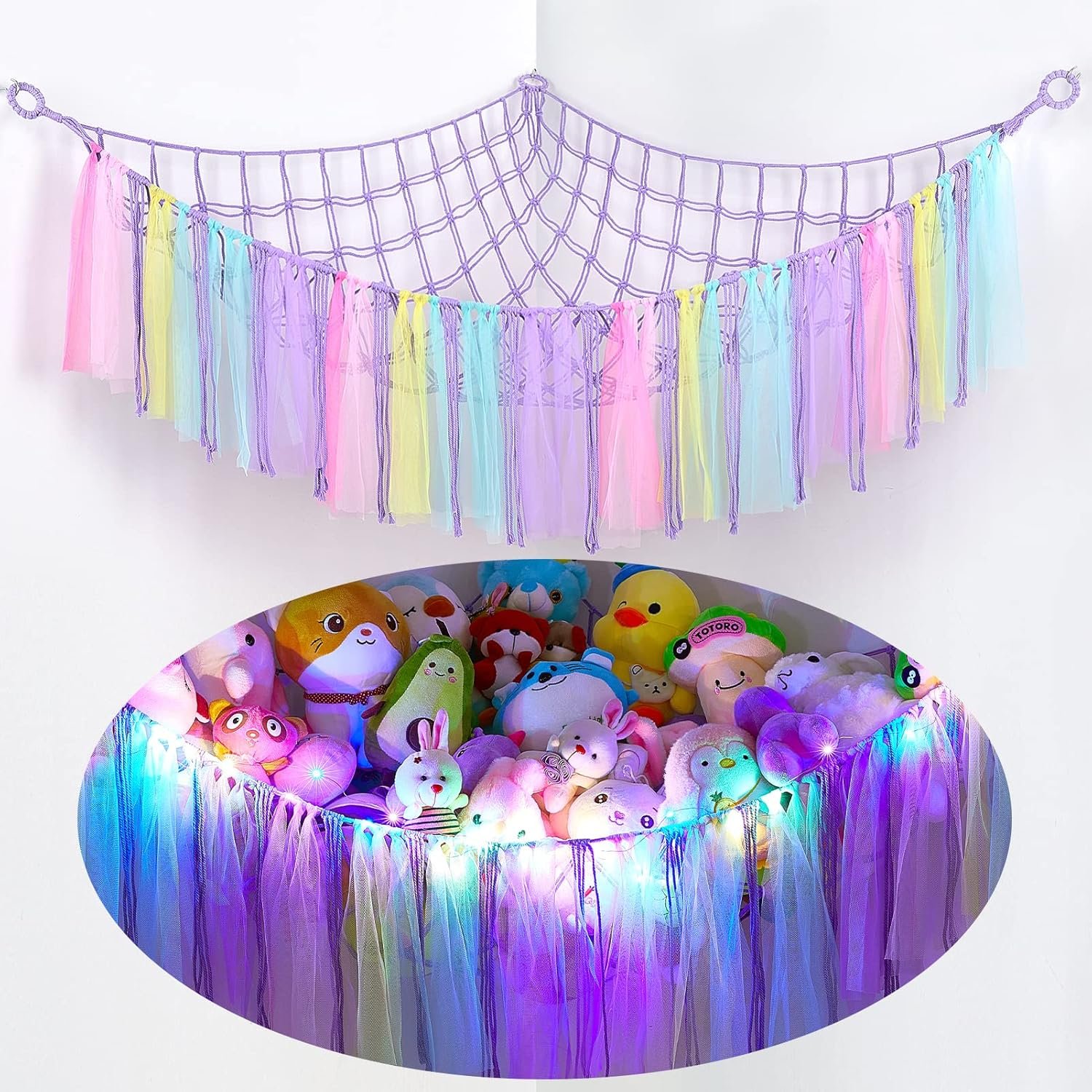 FIOBEE Stuffed Animals Net or Hammock with LED Light, Toy Hammock Hanging Stuffed Animals Storage Organizer Holder Room D??cor for Nursery Kids Bedroom |