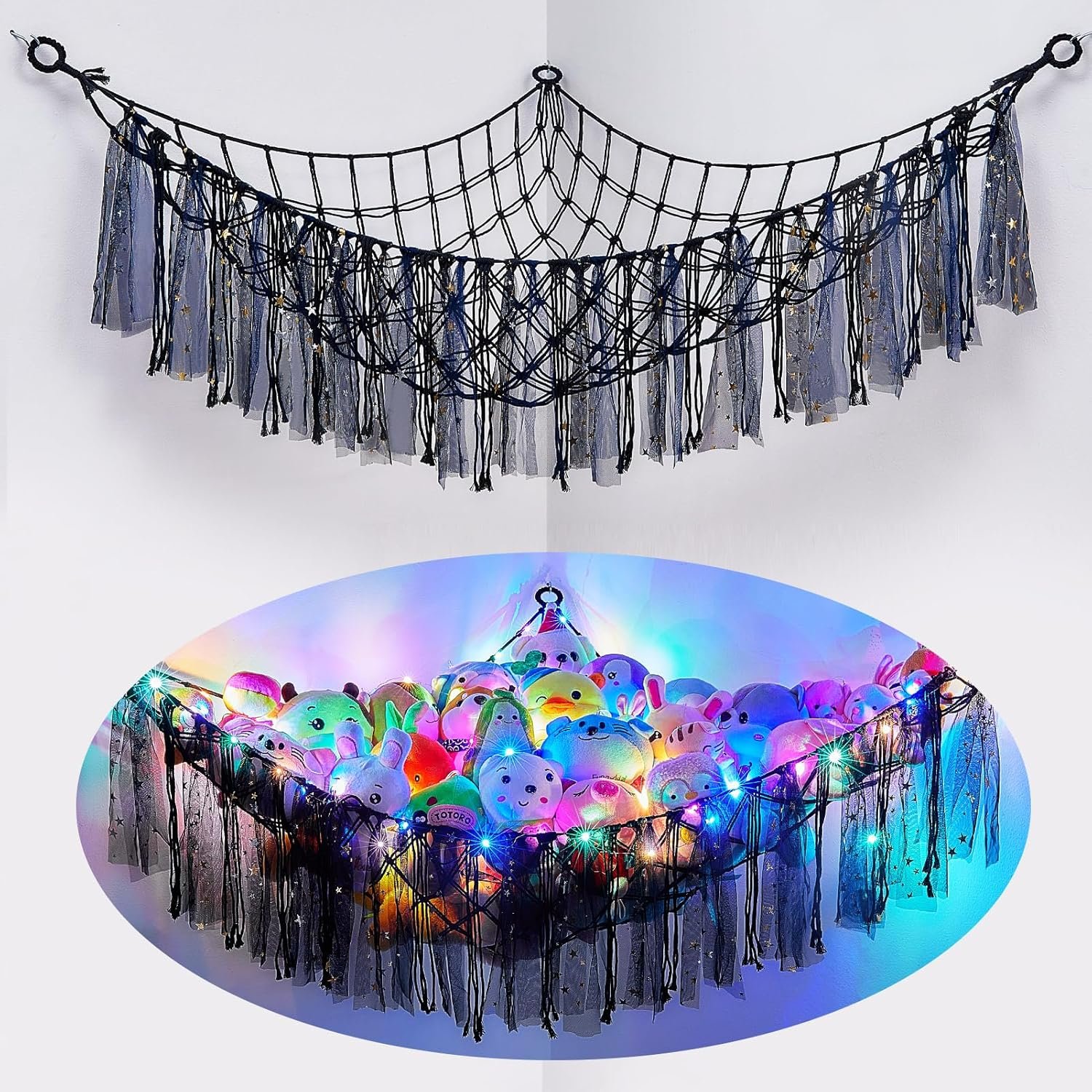 FIOBEE Stuffed Animals Net or Hammock with LED Light, Toy Hammock Hanging Stuffed Animals Storage Organizer Holder Room D??cor for Nursery Kids Bedroom |