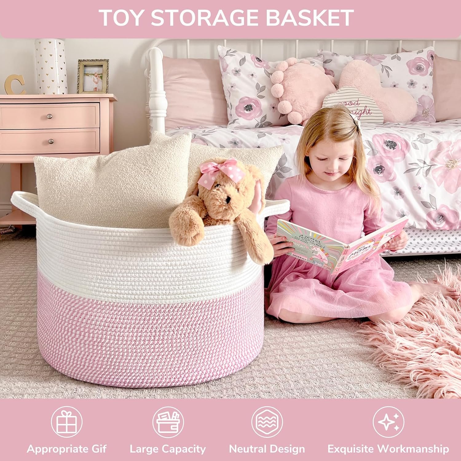 INDRESSME XXXLarge Storage Basket with Handle, Pink Laundry Basket for Nursery, Stuffed Animal, Baby Basket Kids Toy Storage Organizer, 21.7" x 21.7" x 13.8", Pink |