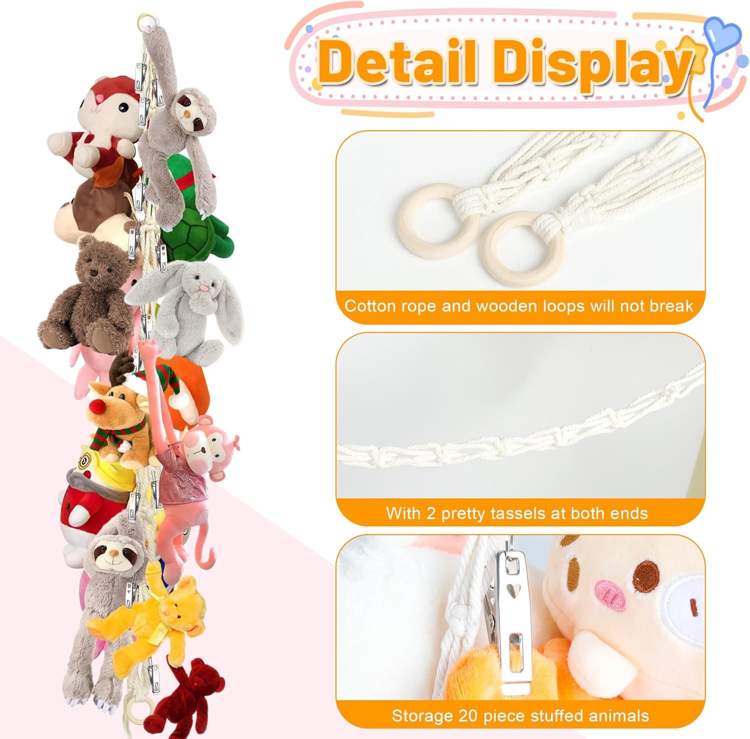 81U1u2vnIOL._AC_SL1500 Stuffed Animal Storage Hammock Corner - Hanging Stuffed Animal Holder with 20 PCS Metal Clips, Boho Stuffed Animal Organizer Chain for Hanging Hats Socks Holiday Cards |