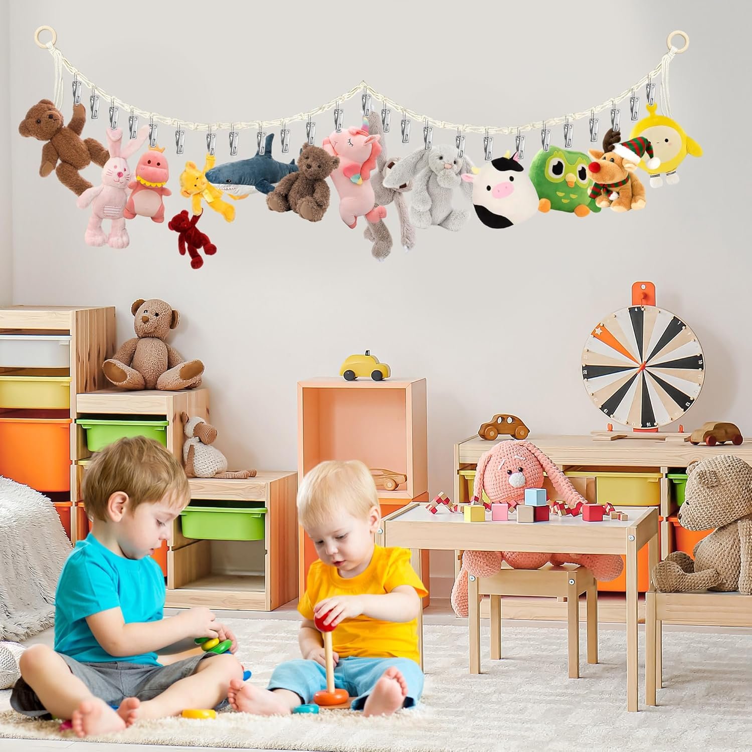 81U2FY0dPrL._AC_SL1500 Stuffed Animal Storage Hammock Corner - Hanging Stuffed Animal Holder with 20 PCS Metal Clips, Boho Stuffed Animal Organizer Chain for Hanging Hats Socks Holiday Cards |