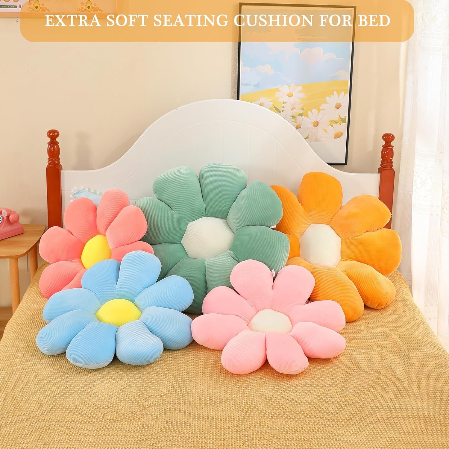 81XvRwLM_ZL._AC_SL1500_9045acfc-f9eb-41c6-a199-294cbc114a97 Menoeceus Flower Pillow, Daisy Pillow Flower Shaped Throw Pillow Floor Pillow Plush Pillow Cute Decorative Pillows Floor Cushions Flower Seat Cushion for Bedroom Sofa Chair (White, 15.75") |