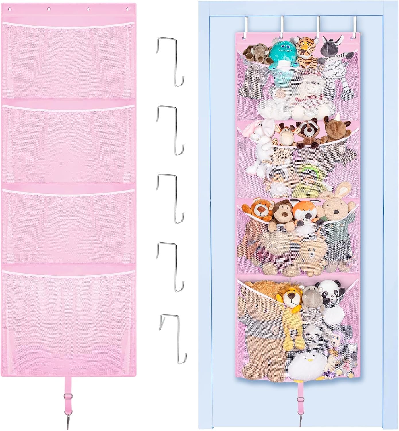 Hanging Stuffed Animal Storage, Over Door Large Plush Toy Organizer with Metal Hook, Baby Accessory Holder Idea for Nursery, Doll & Bear Mesh Hammock Bag for Girl Boy Kid Room |