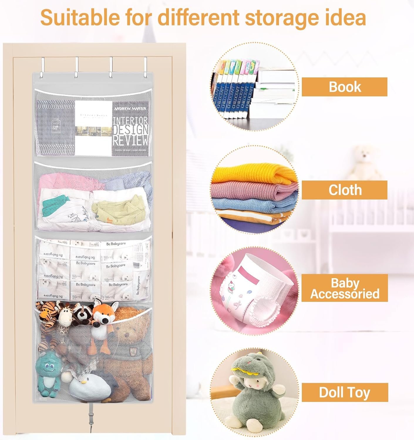 Hanging Stuffed Animal Storage, Over Door Large Plush Toy Organizer with Metal Hook, Baby Accessory Holder Idea for Nursery, Doll & Bear Mesh Hammock Bag for Girl Boy Kid Room |