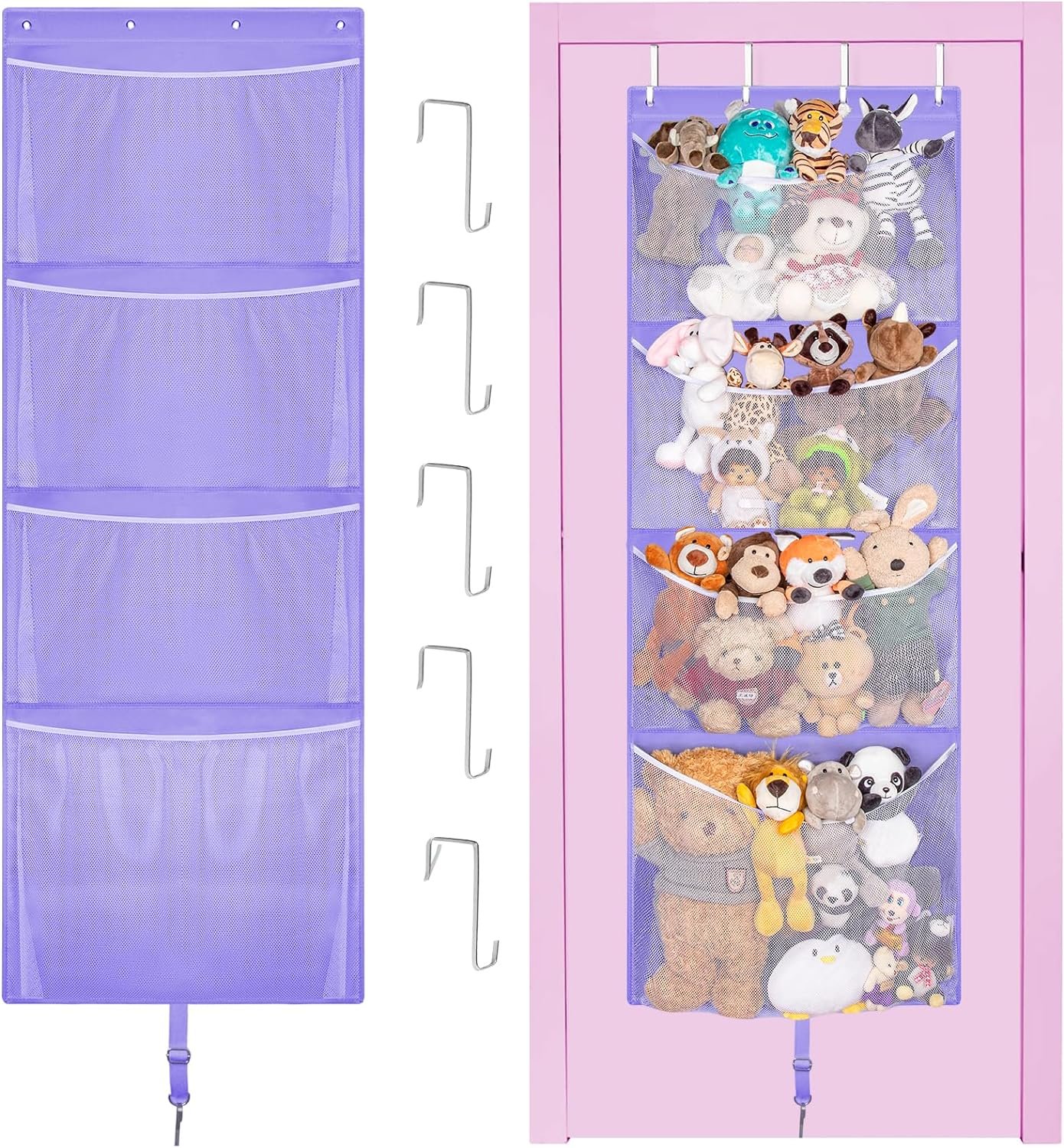 Hanging Stuffed Animal Storage, Over Door Large Plush Toy Organizer with Metal Hook, Baby Accessory Holder Idea for Nursery, Doll & Bear Mesh Hammock Bag for Girl Boy Kid Room |
