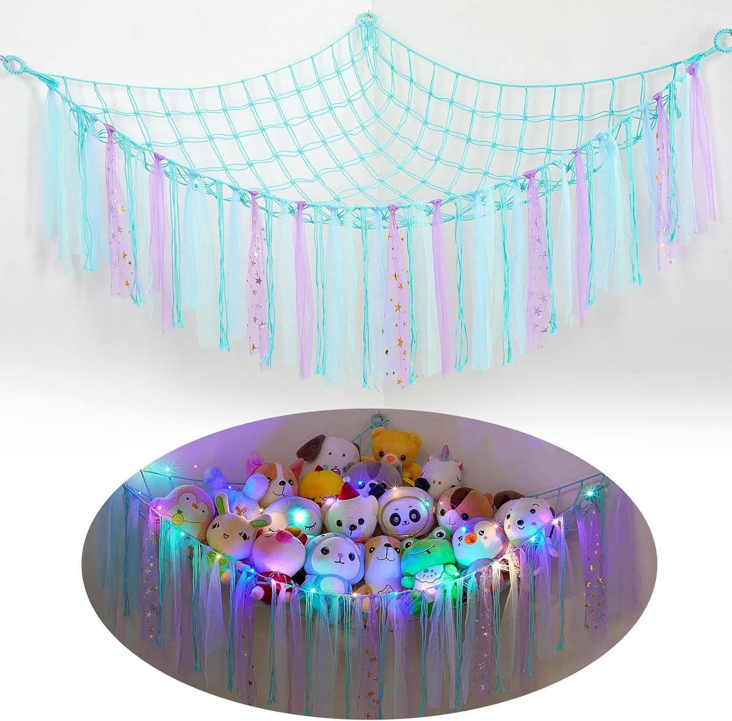 FIOBEE Stuffed Animals Net or Hammock with LED Light, Toy Hammock Hanging Stuffed Animals Storage Organizer Holder Room D??cor for Nursery Kids Bedroom |