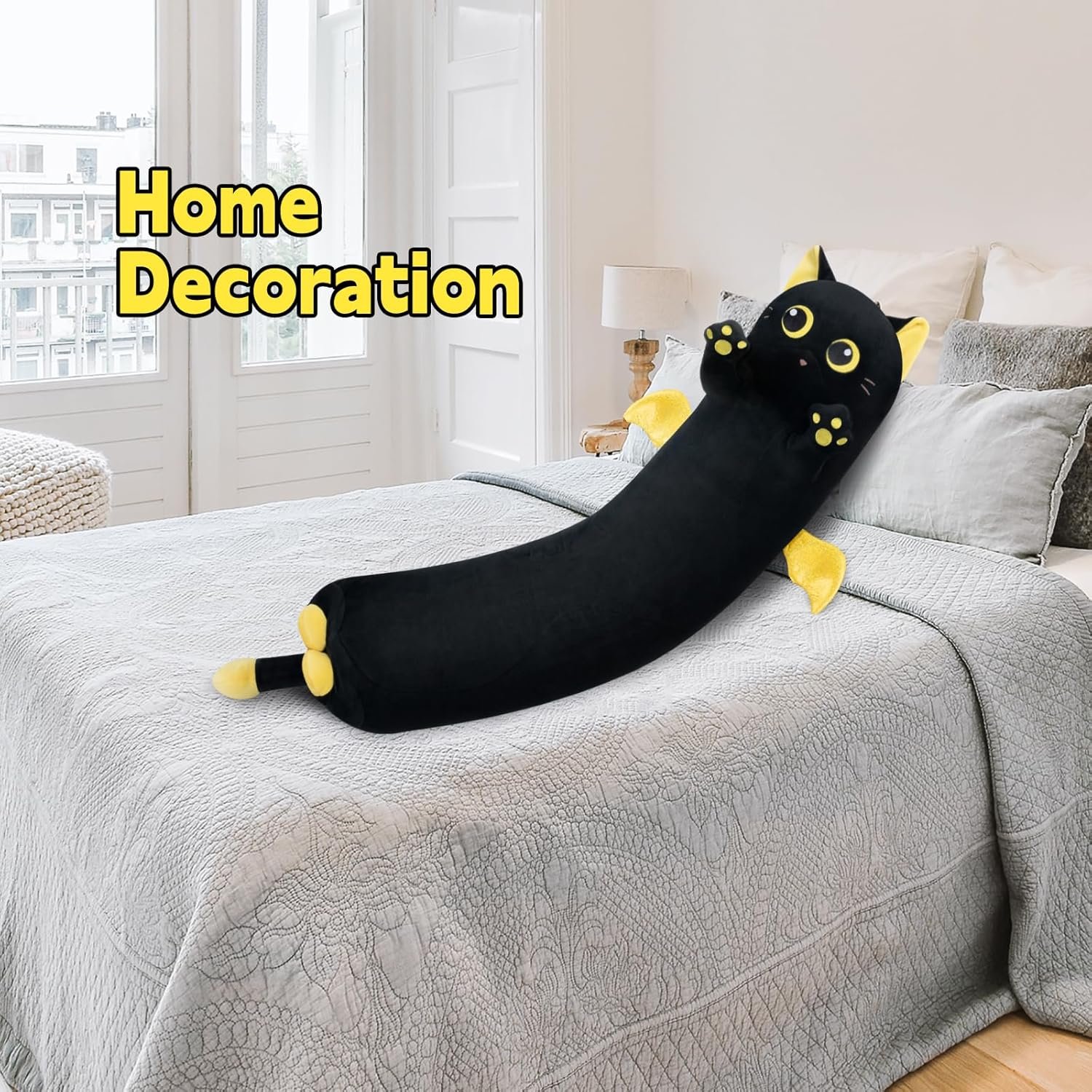 Long Cat Plush Body Pillow, 20?? Cute Black Cat Stuffed Animals Plushies, Kawaii Big Squishy Plush Toys Gift for Kids Girls Boys |