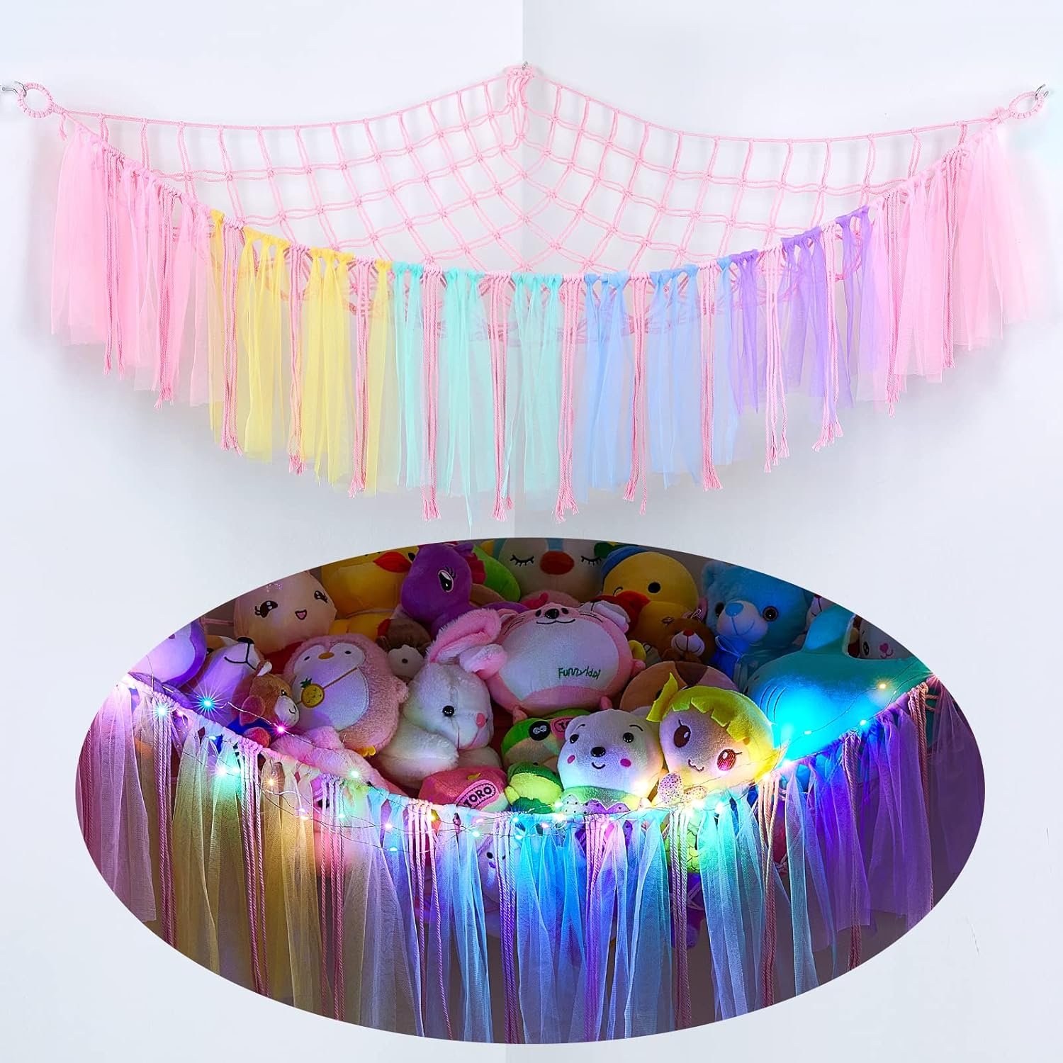 FIOBEE Stuffed Animals Net or Hammock with LED Light, Toy Hammock Hanging Stuffed Animals Storage Organizer Holder Room D??cor for Nursery Kids Bedroom |