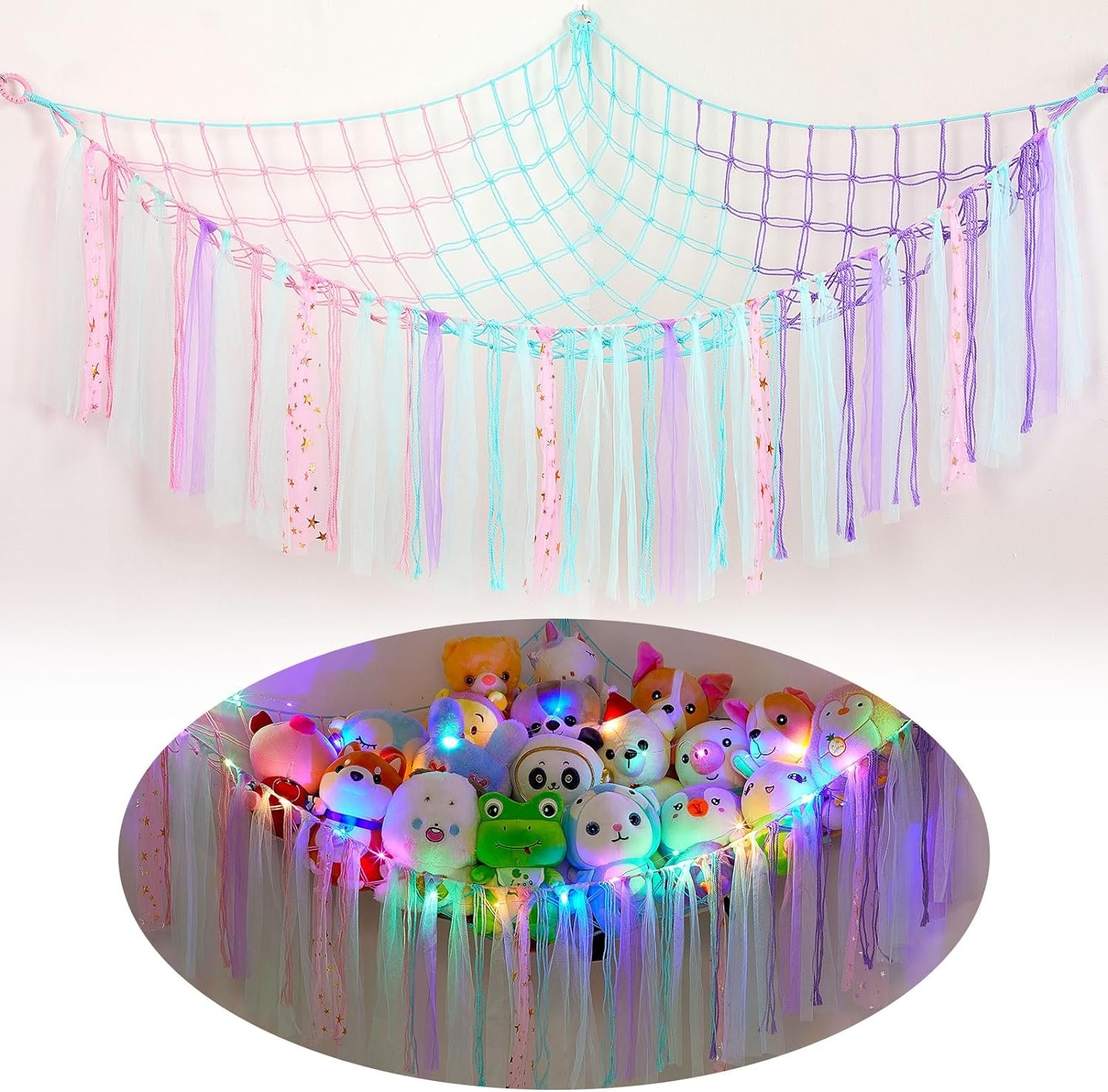 FIOBEE Stuffed Animals Net or Hammock with LED Light, Toy Hammock Hanging Stuffed Animals Storage Organizer Holder Room D??cor for Nursery Kids Bedroom |
