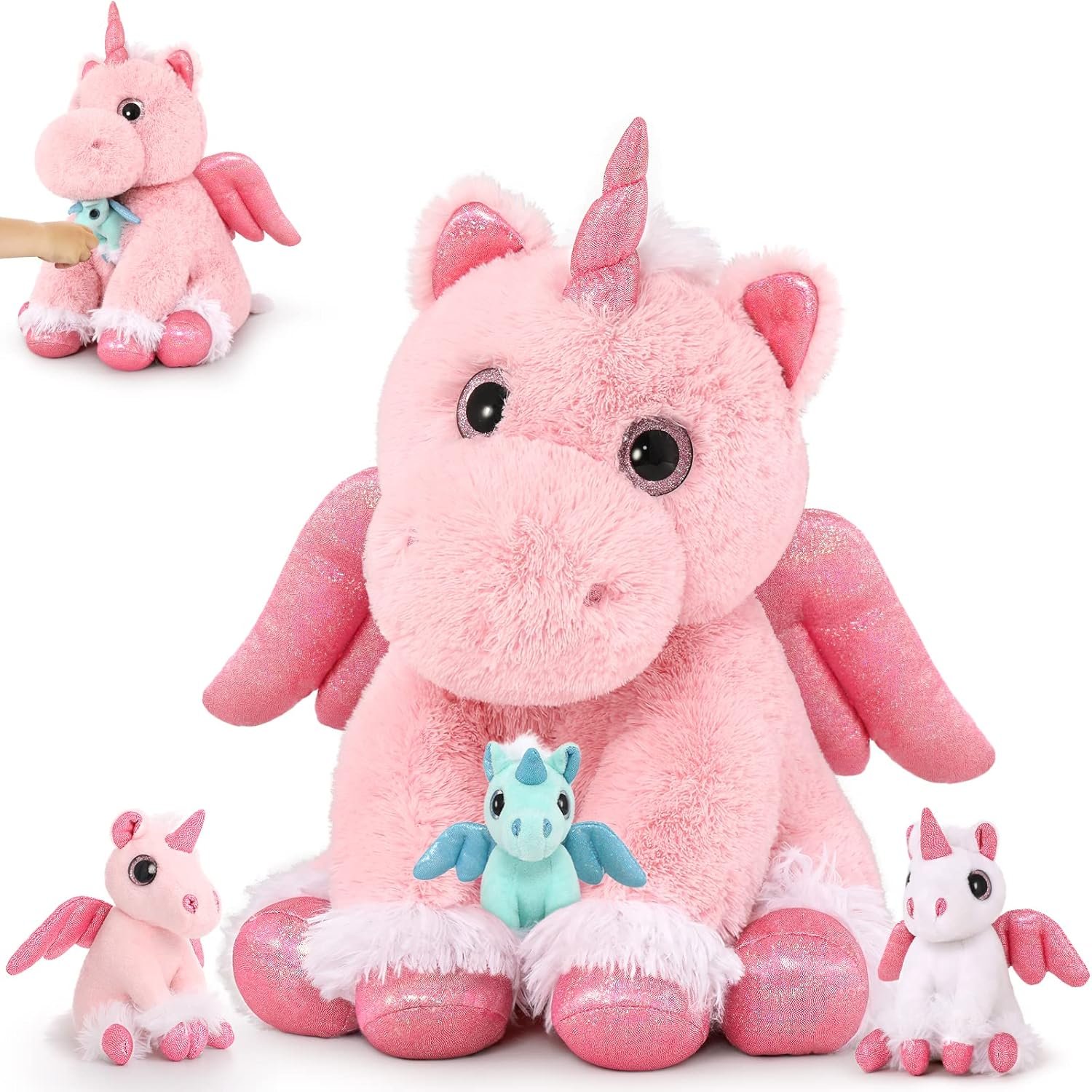 Dinosaur Stuffed Animal with Babies,23.6'' Big Mommy Stuffed Dinosaur with 3 Baby Dinosaur Stuffed Toys & 3 Eggs Plush Inside Belly, Boy Girl Dinosaur Toys for Kids 3-5, Pink T-rex Toy |