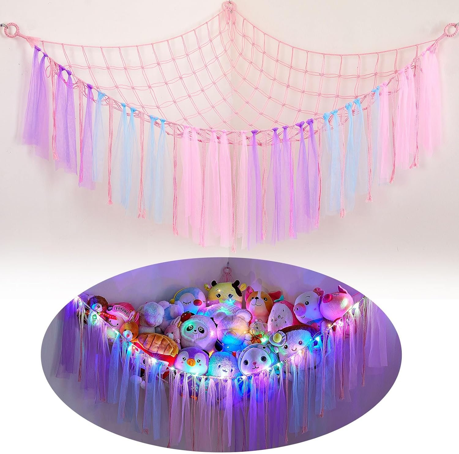FIOBEE Stuffed Animals Net or Hammock with LED Light, Toy Hammock Hanging Stuffed Animals Storage Organizer Holder Room D??cor for Nursery Kids Bedroom |