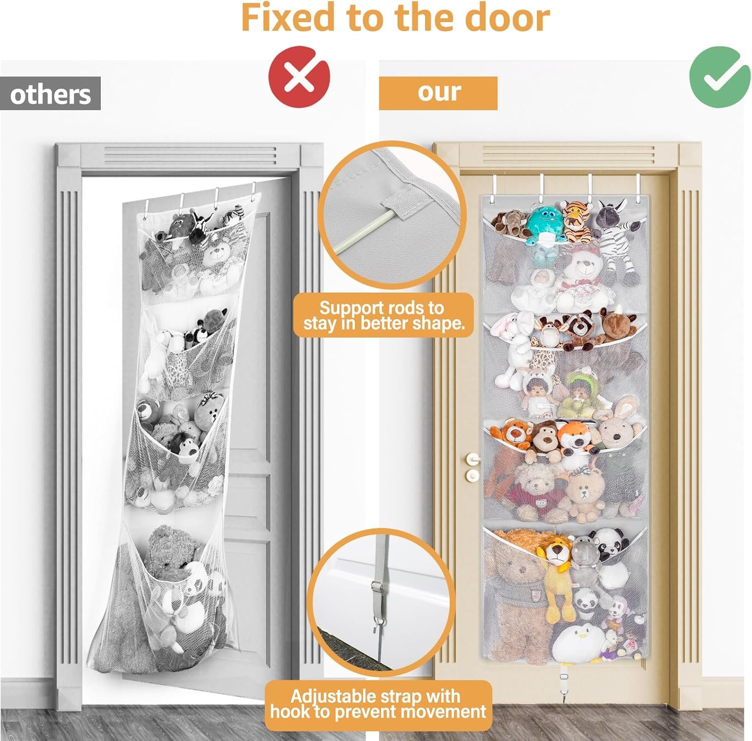 Hanging Stuffed Animal Storage, Over Door Large Plush Toy Organizer with Metal Hook, Baby Accessory Holder Idea for Nursery, Doll & Bear Mesh Hammock Bag for Girl Boy Kid Room |